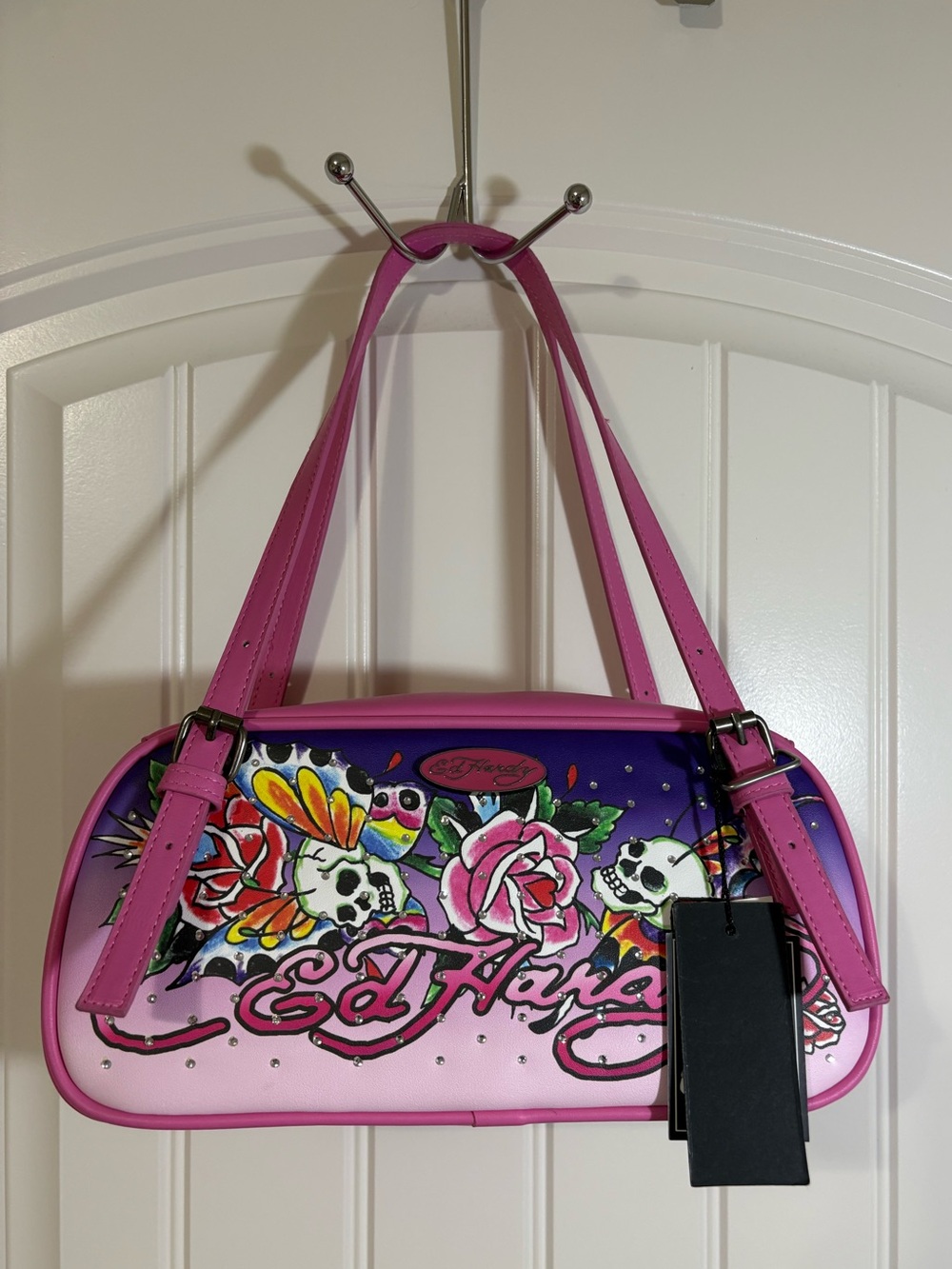 Ed Hardy Pink & Purple Floral Skull Shoulder Bag